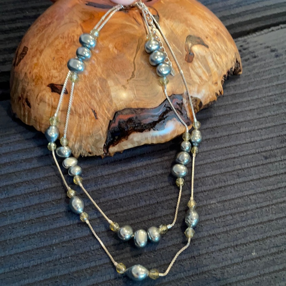 Vintage Monet double strand faux grey pearl and bead necklace. 16”